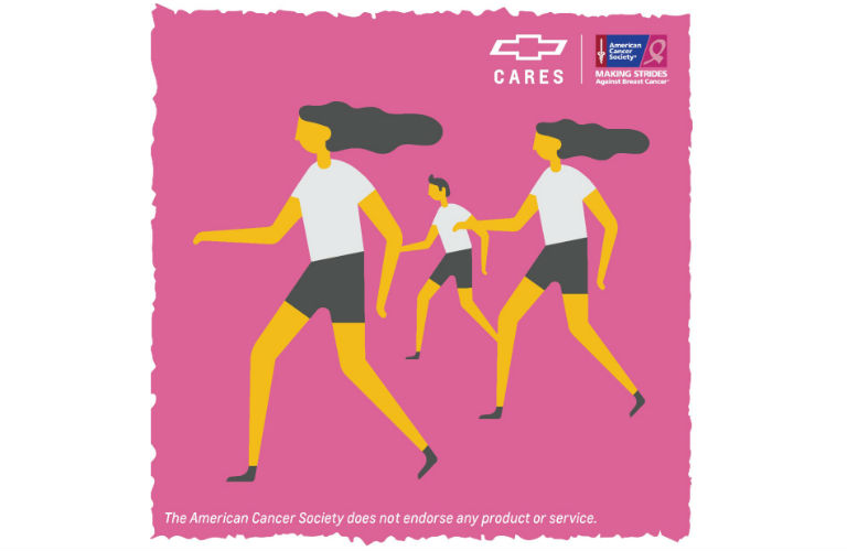 Chevy Cares graphic with people walking on pink background and American Cancer Society logo with text that says Making Strides Against Breast Cancer and a disclaimer that says The American Cancer Society does not endorse any product or service