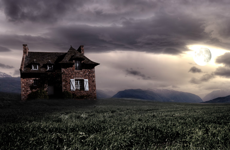 photo of a creepy house on a field at night with the moon shining bright